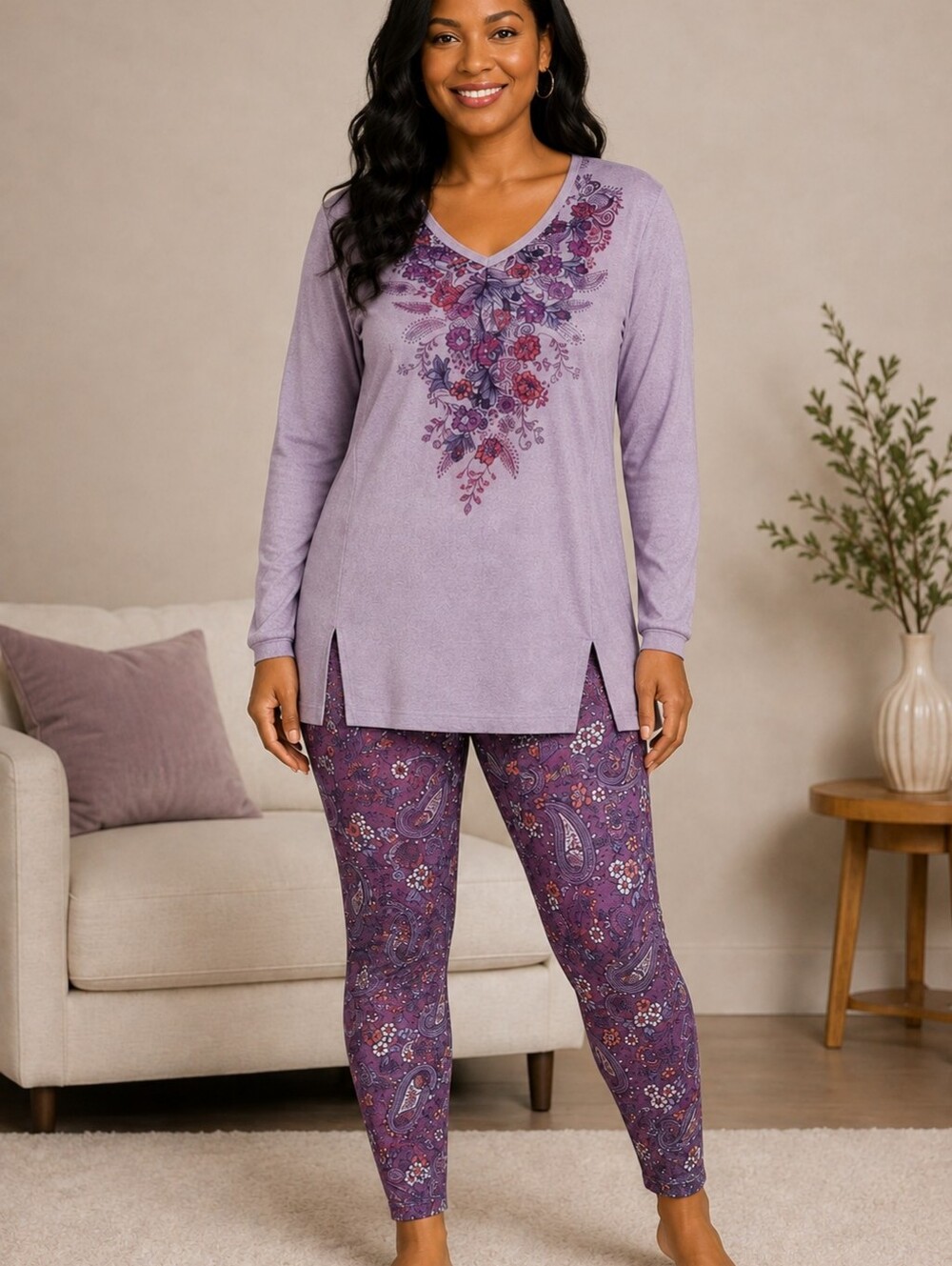 One World Purple Paisley Tunic With Leggins Set Sz S - NWT
